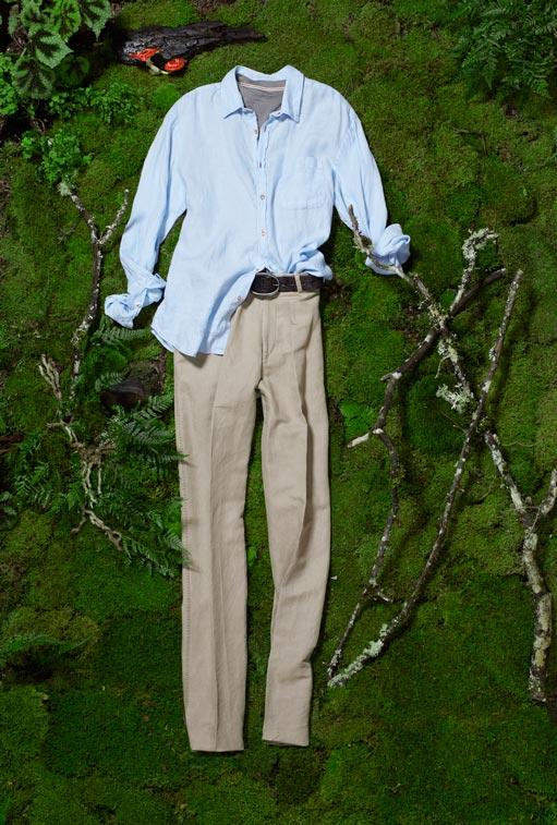 MASON'S washed solid linen in light blue with mother of pearl buttons, $185. ZANELLA Devon lyocell wash cotton pant in khaki, $298. LEFT COAST TEE short-sleeve crewneck in gray, $65. TORINO casual leather belt with oval buckle, $75.